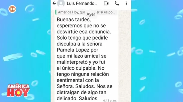 Luis Rodríguez le pide disculpas a Pamela López.