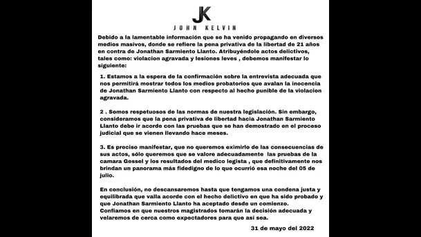 Comunicado de la defensa de John Kelvin tras conocer que fue sentenciado a 21 años de cárcel.