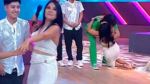 Tula Rodríguez sufrió resbalón y casi termina en el piso. | Fuente: América Televisión